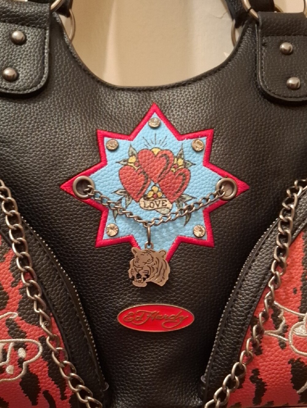 Ed Hardy Black, Red & Light Blue Heart Star Patch Satchel - Picture 2 of 11